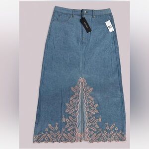 Driftwood Serena Maxi Denim Embroidered Skirt in Pink Promise size 32